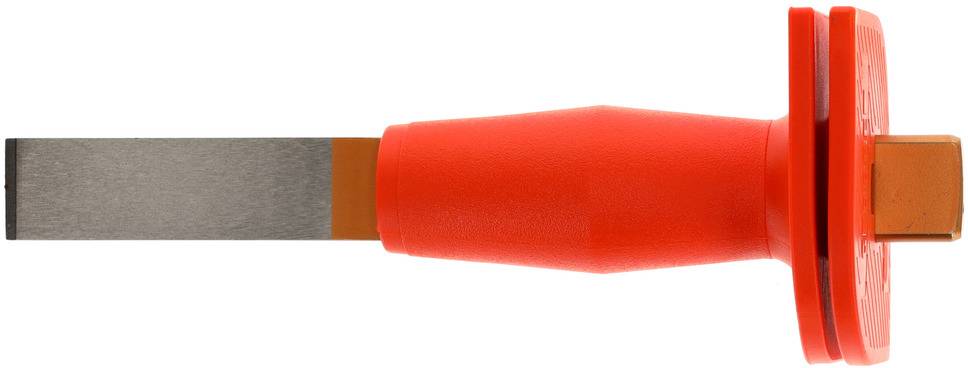 Een rood gereedschap met een plat, breed metalen deel en een ergonomische handgreep. Het ziet er stevig uit en is bedoeld voor snij- of hefboomwerkzaamheden.