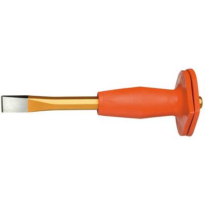 Een oranje, platte beitel met een ergonomische greep en een beschermkap voor tijdens het hameren.
