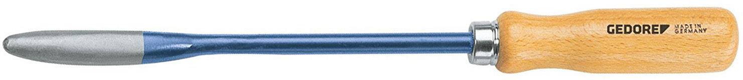 Een schroevendraaier met een blauwe metalen steel en een houten handgreep. De handgreep heeft de opdruk 'GEDORE'.