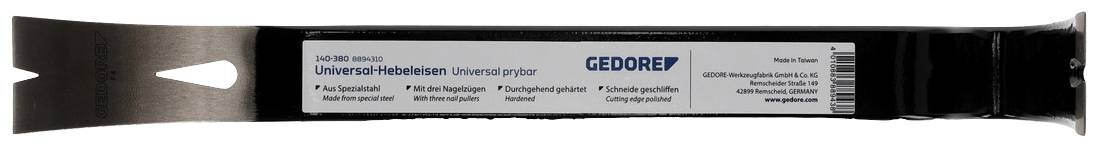 Breed, plat universeel Heberlein-gereedschap met glanzende metalen punt en etiket met het bedrijfslogo "Gedore" en productinformatie.