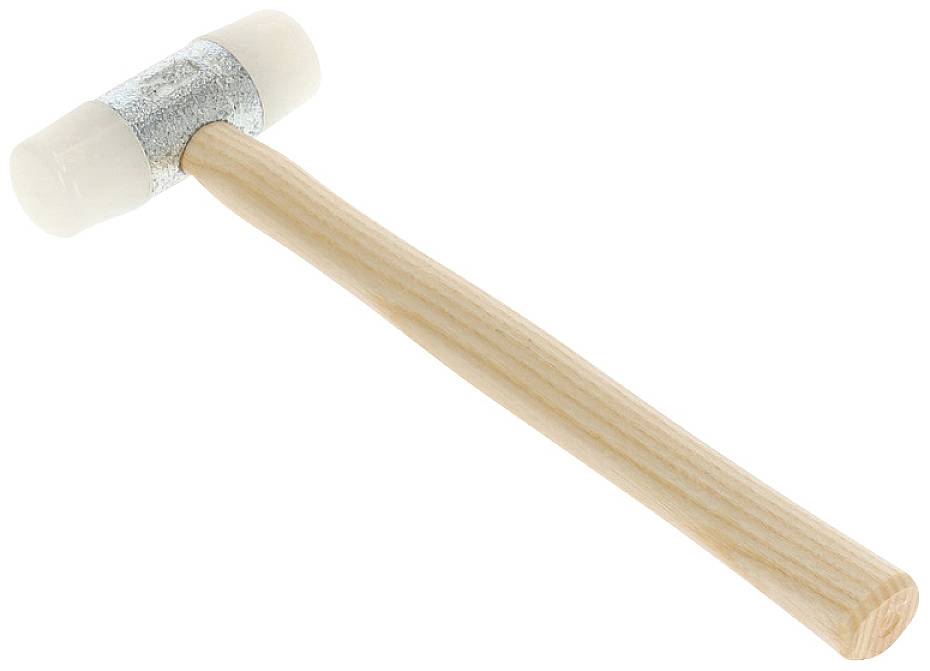 Rubberen hamer met houten steel en witte kop, geschikt voor gevoelige oppervlakwerkzaamheden.
