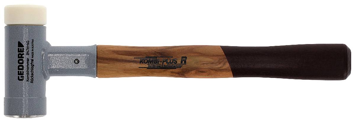 Rubberen hamer met houten steel, kop gemarkeerd met 'GEDORE', op witte achtergrond.