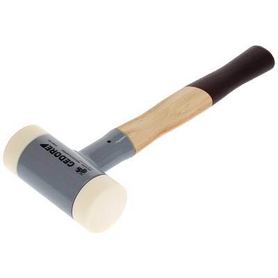 Een rubberen hamer met blauwe en witte koppen en een handvat van hout en zwart rubber ligt op een wit oppervlak.