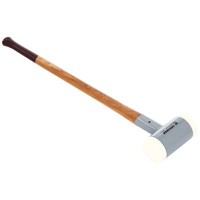 Rubberen hamer met een lange houten steel en een witte kop, geschikt voor bouwwerkzaamheden of lichte montagewerkzaamheden.