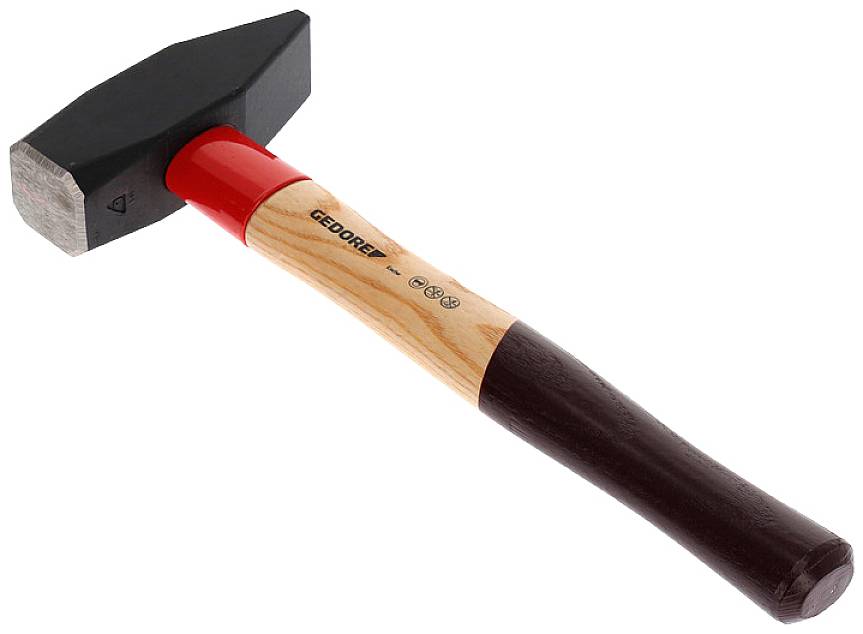 Een zwarte hamer met een rode nek en een houten handvat waarop de naam 'GEDORE' staat.