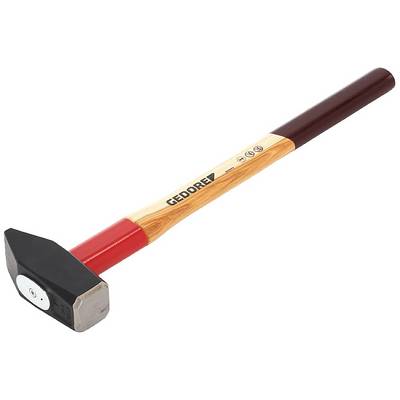 Hamer met een lange houten steel en een rechthoekige kop die taps toeloopt naar een rond uiteinde. Het gereedschap is geschikt voor gebruik in de bouw.