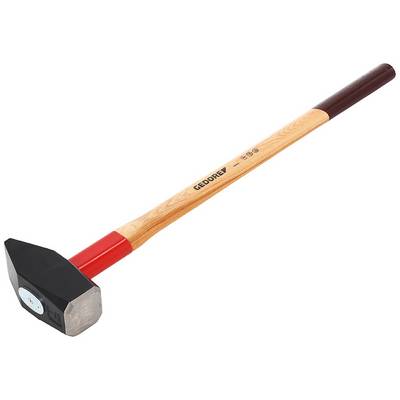 Een grote voorhamer met een rood en houten handvat, het merk 'Gedore' gegraveerd op het handvat. Geschikt voor zware werkzaamheden.