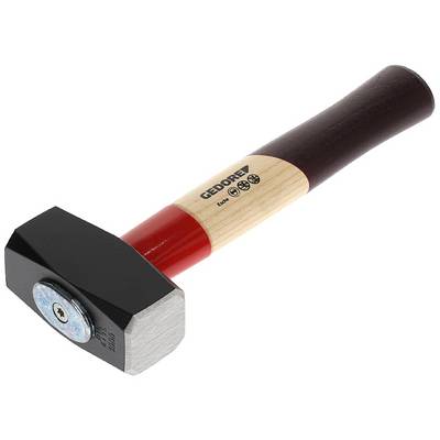 Een zwarte hamer met een rood en houtkleurig handvat ligt op een witte achtergrond. Op de kop staat 'GELDER'.