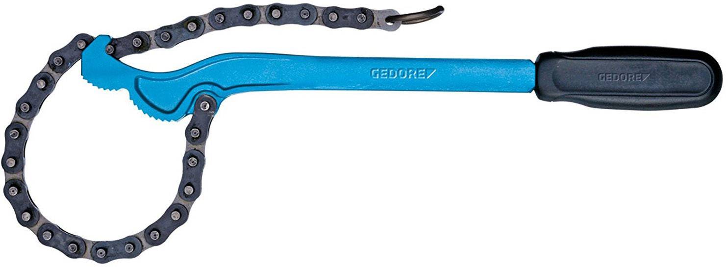 Een gereedschap met een blauwe handgreep en een metalen ketting, dat eruitziet als een kettingsleutel voor pijp- of oliefilters.