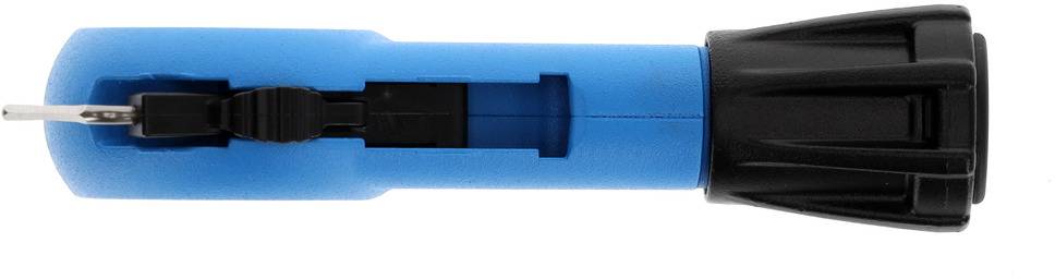 Een blauw-zwarte kabelstripper van kunststof met een blootliggende metalen mes, gebruikt voor het veilig verwijderen van de isolatie van kabels.