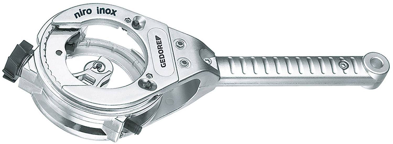 Een zilveren gereedschap met handgreep, dat wordt gebruikt voor het vastmaken van kabelbinders. Markeringen 'GEDORE' en 'niro inox' zijn zichtbaar.
