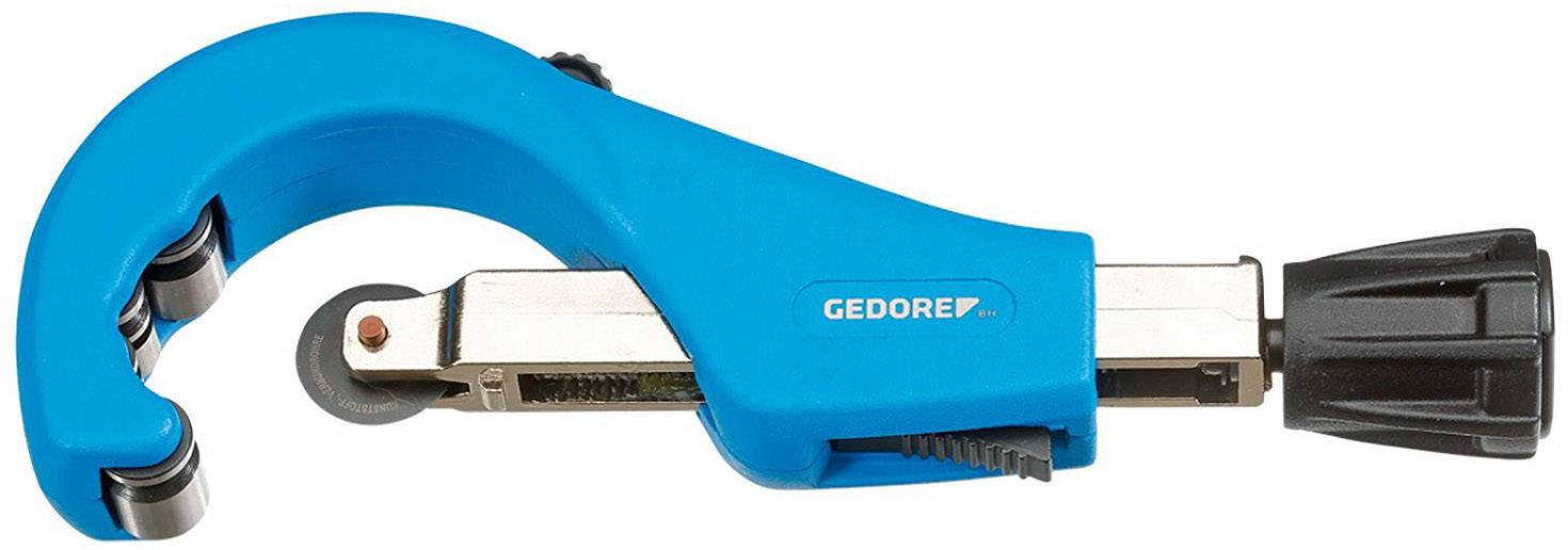 Blauwe pijpsnijder met zwarte draaigreep aan de ene kant en een snijwiel aan de andere kant. Gereedschap voor pijpbewerking.
