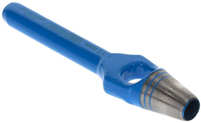 Slagstempel met blauwe handgreep en metalen punt, gebruikt voor het nauwkeurig ponsen van gaten in verschillende materialen.