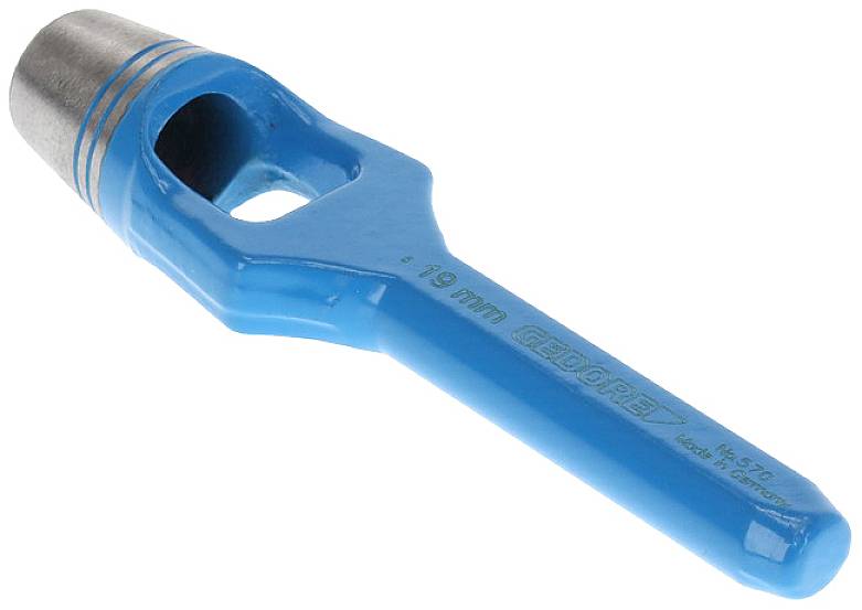Een blauwe lederen ponser met metalen punt en een diameter van 19 mm, geschikt voor het ponsen van gaten in leer of soortgelijke materialen.