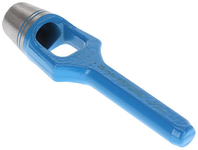 Een blauwe 25 mm metalen perforator met een handgreep, gebruikt voor het maken van gaten in materialen.