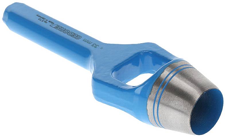 Een blauwe metalen perforator met een scherpe, cilindrische punt, gebruikt voor het maken van gaten in materialen.