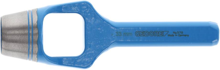 Ponsmachine, blauwe kleur, merk Gedore, 33 mm, gemaakt van metaal, gebruikt voor het ponsen van gaten in materialen zoals leer of textiel.