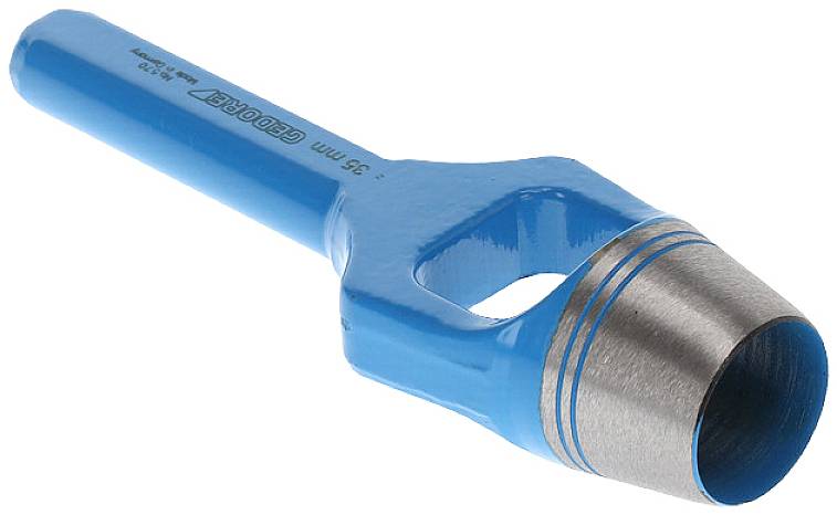 Een blauwe holpons met metalen punt en handgreep, gebruikt voor het precies uitsnijden van ronde gaten in materialen zoals leer.