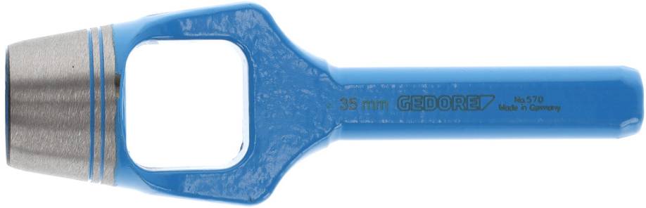 Ponsgereedschap met blauw handvat en metalen ring, maat 35 mm, vervaardigd door Gedore in Duitsland.