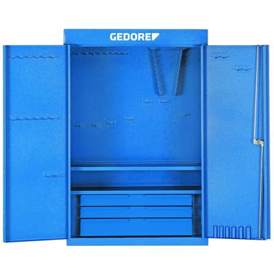 Een blauwe gereedschapskast met open deuren toont verschillende planken en laden voor de opslag van gereedschap.