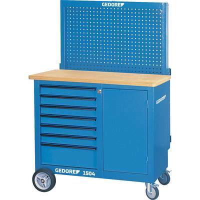 Blauwe gereedschapswagen met houten werkblad, zeven lades en een grote kast. Gemonteerd op twee wielen voor mobiliteit.