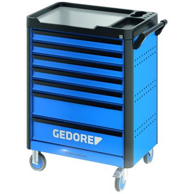 Blauwe gereedschapswagen met zeven laden en zwarte handgrepen, gemonteerd op wielen, voorzien van het 'GEDORE' logo op de voorkant.