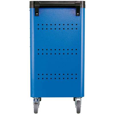 Een blauwe rolcontainer met ventilatieopeningen en vier wielen, geschikt voor transport of opslag van voorwerpen.