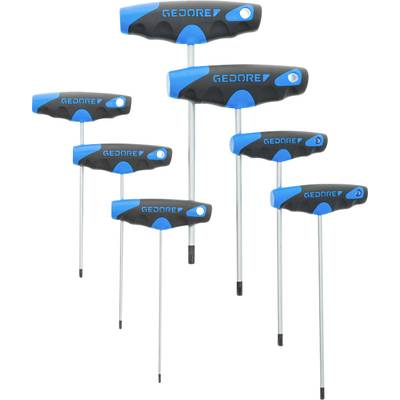 Zesdelig set van GEDORE T-greep binnenzeskantsleutels in verschillende maten, met zwart-blauwe handgrepen.