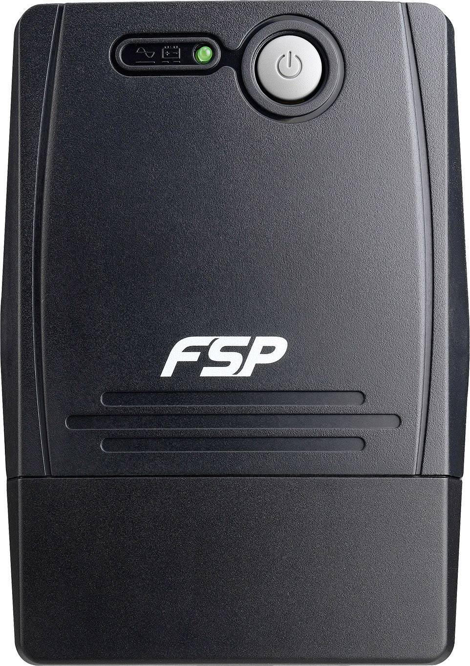 Een zwart UPS-apparaat met een netschakelaar en een groene LED-indicatorlamp. Bovenaan bevindt zich het logo met de letters 'FSP'.