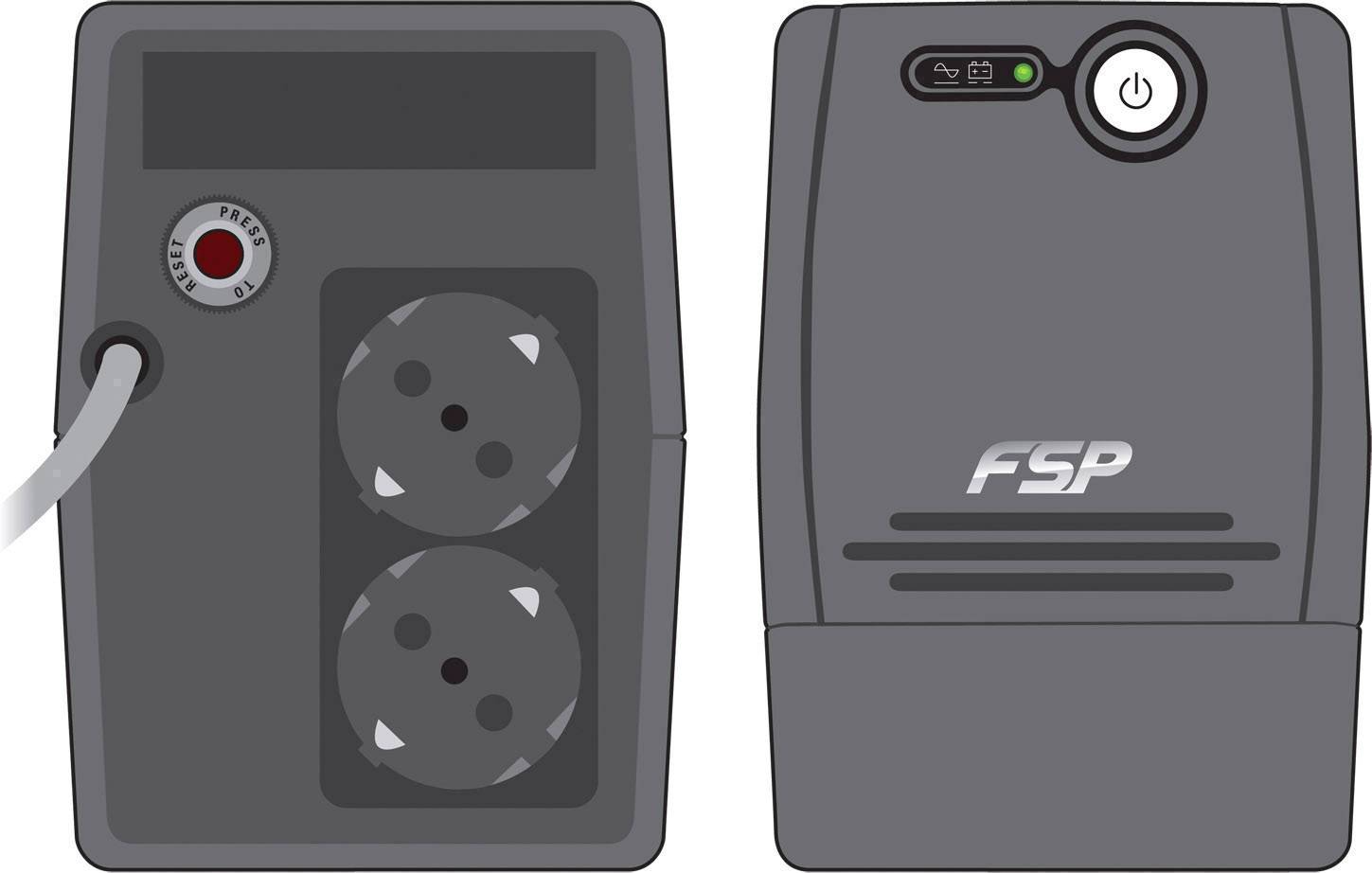 'Ononderbroken Voedingsapparaat' (UPS) met twee stopcontacten, een kabel en een netschakelaar op een grijs behuizing.