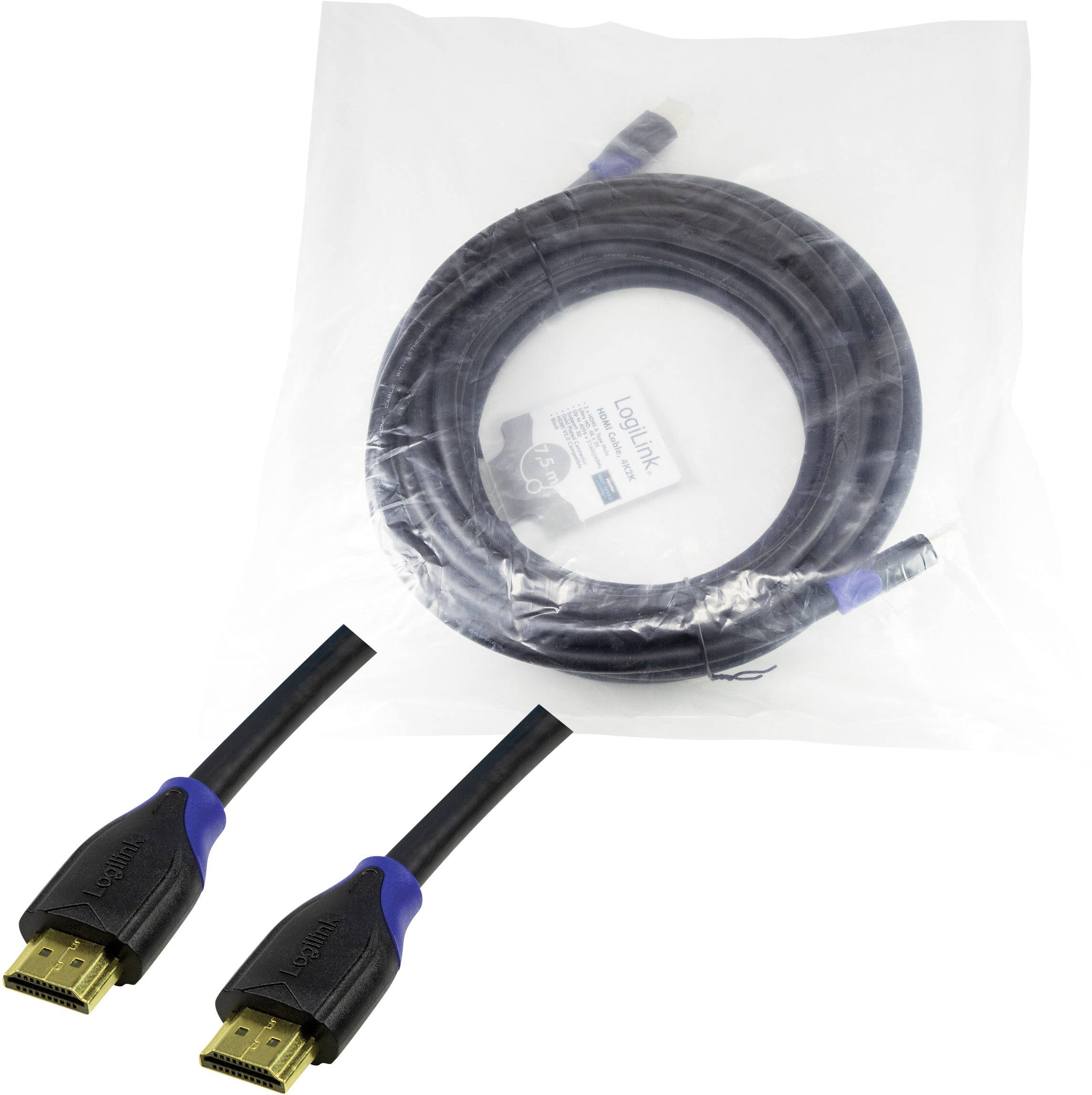 Een HDMI-kabel in een transparante plastic verpakking. Kabel is zwart met blauwe accenten aan de aansluitingen.