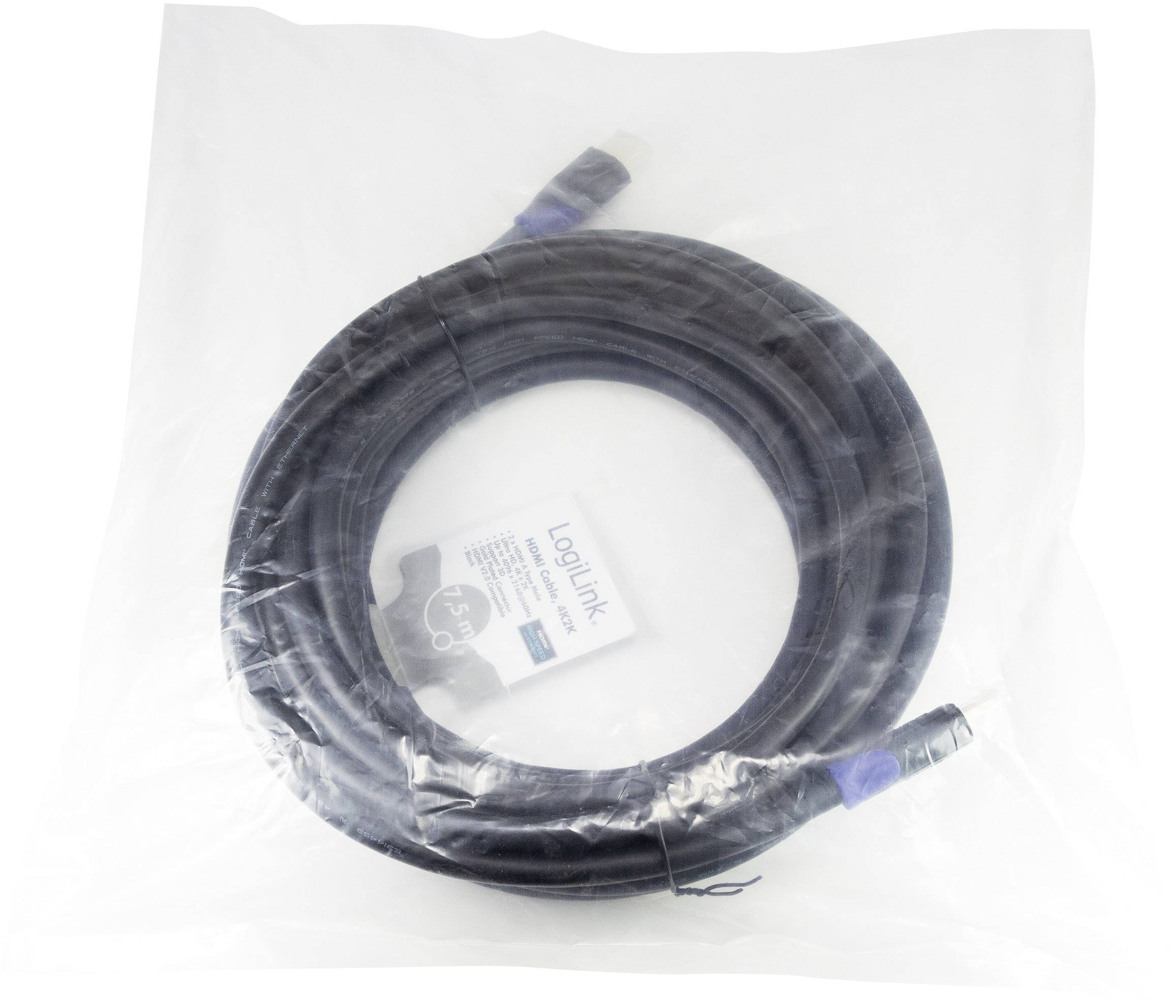 Een lange zwarte kabel in een transparante plastic verpakking, met een etiket dat informatie over het merk 'LogiLink' weergeeft.