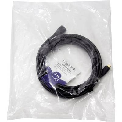 Een verpakt LogiLink USB-kabel, 3 meter lang, in een doorzichtige plastic zak. De kabel heeft een USB-aansluiting.