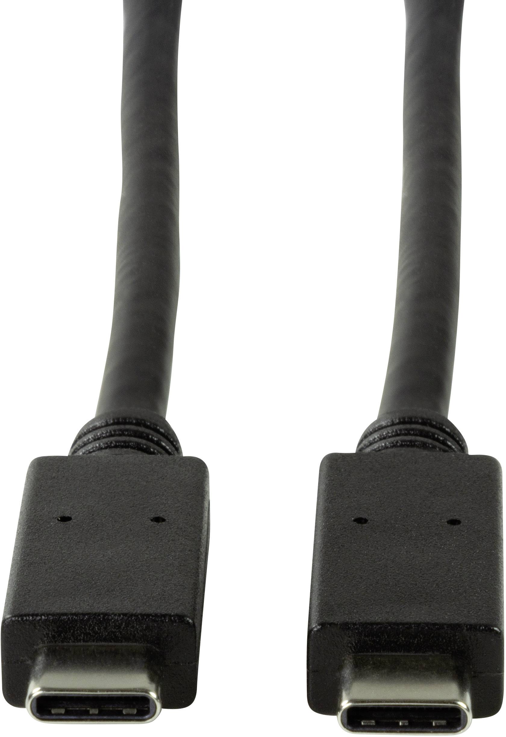 Twee zwarte USB-C-kabels in close-up, waarbij beide uiteinden zichtbaar en identiek zijn.