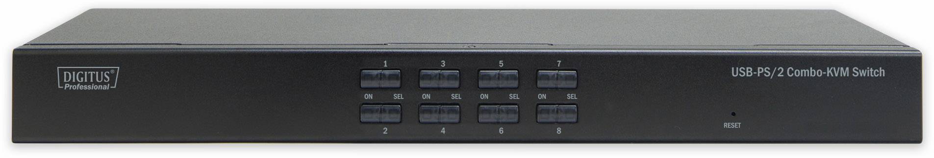 Een zwarte USB PS/2 Combo KVM-switch met meerdere rijen toetsen aan de voorkant, geschikt voor het verbinden van meerdere computers.
