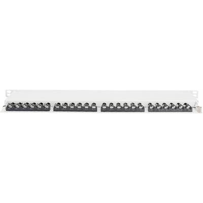 Een wit netwerk-patchpanel met talrijke aansluitingen, gemonteerd voor kabelbeheer en verbinding in een serverruimte.