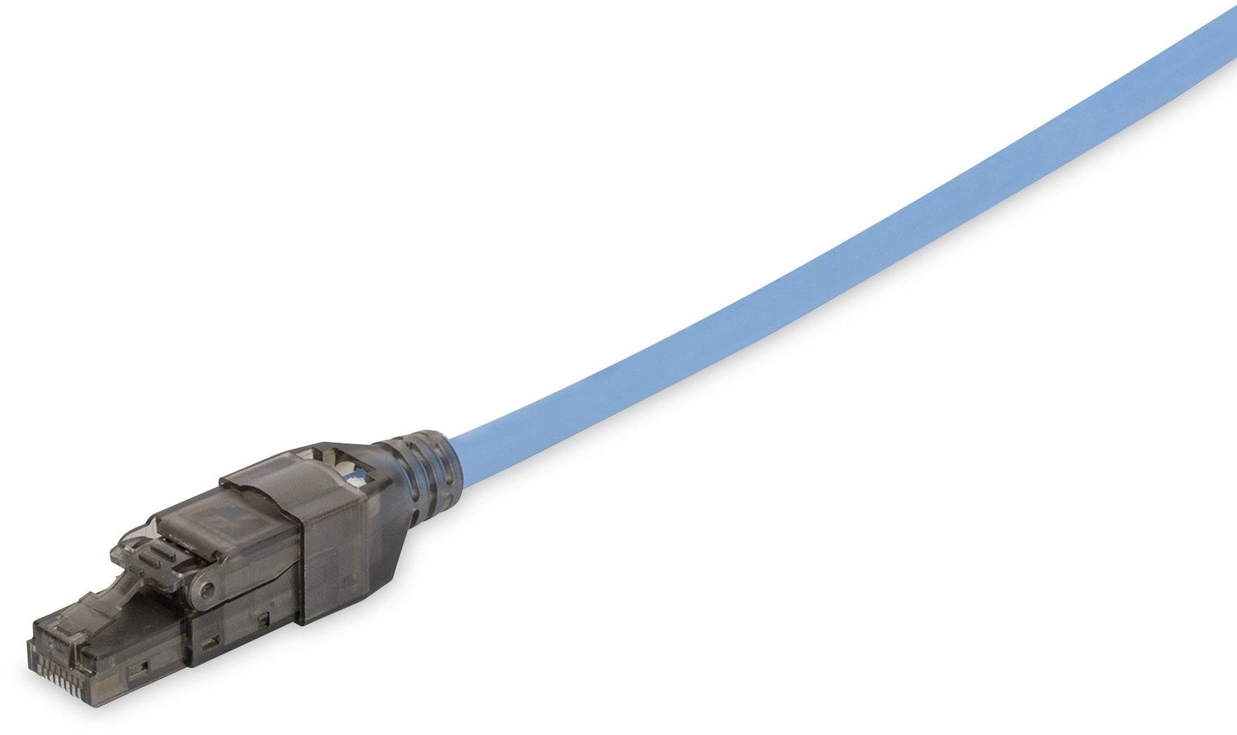 Een enkele LAN-kabel met een blauwe mantel is zichtbaar, die van links naar rechts loopt en eindigt met een RJ45-stekker.