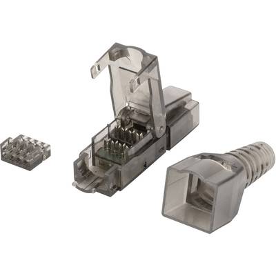 Een gedemonteerde RJ45-stekker toont de behuizing, contacten en kabeluiteinden.