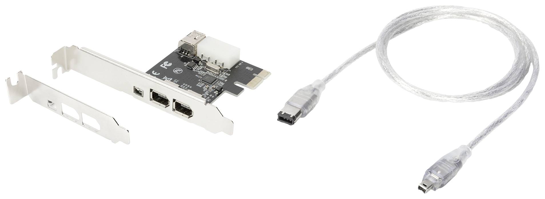 PCIe-kaart met twee FireWire-aansluitingen en FireWire-kabel. De kaart maakt verbinding mogelijk van apparaten met een FireWire-interface.