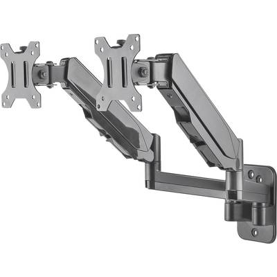 Een zwarte wandmonteerbare dual monitorarm met twee verstelbare houders voor monitoren, die een flexibele positionering laat zien.