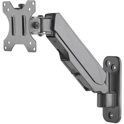 Een verstelbare, zwarte monitorarm voor wandmontage, die flexibele positionering van het beeldscherm mogelijk maakt.