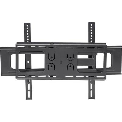Zwarte wandsteun voor tv's of monitors met verstelbare armen. Geschikt voor montage aan een vlakke muur.