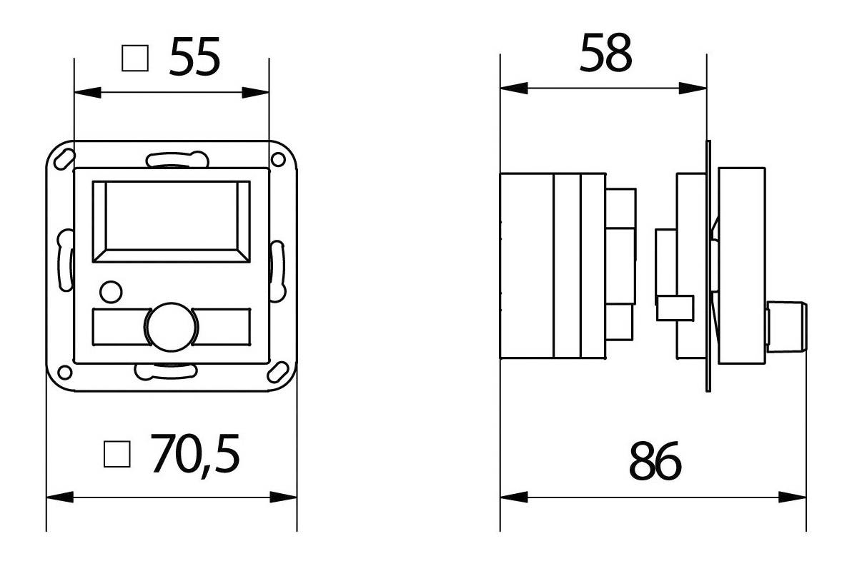 Technische tekening van een onderdeel met afmetingen: Vooraanzicht toont breedte 55 mm, totale hoogte 70,5 mm. Zijaanzicht toont diepte 58 mm, totale lengte 86 mm.