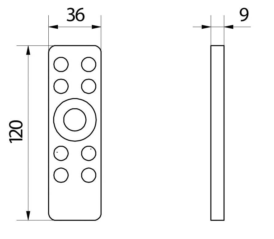 Schets van een afstandsbediening met afmetingen: 120 mm lengte, 36 mm breedte, 9 mm hoogte. Toont voor- en zijaanzicht met toetsindeling.