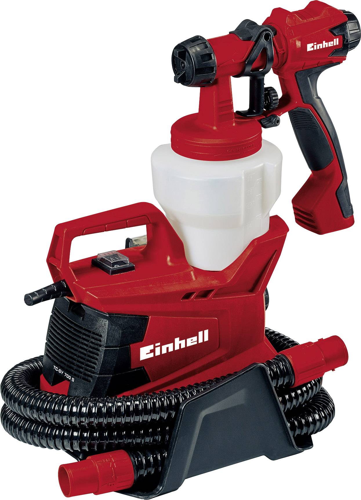 Een persoon in beschermende kleding en masker desinfecteert een deur in een gebouw met een sproeiapparaat. Tekst op rood bord: 'Ook geschikt voor spray-desinfectie van oppervlakken'.