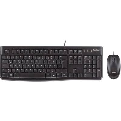 Zwarte bedrade toetsenbord en muis van Logitech, met standaard toetsindeling en numeriek toetsenblok aan de rechterkant.