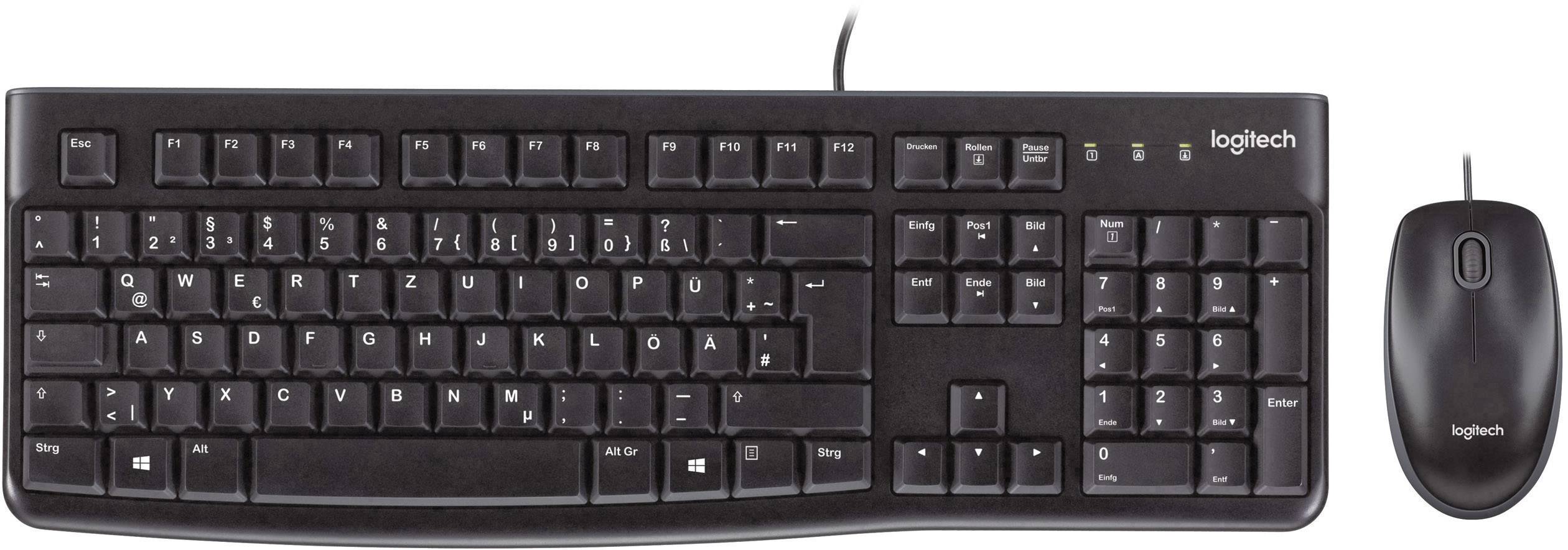 Een zwart bedraad toetsenbord en muis. Op het toetsenbord zijn toetsen voor letters, cijfers en functietoetsen zichtbaar.