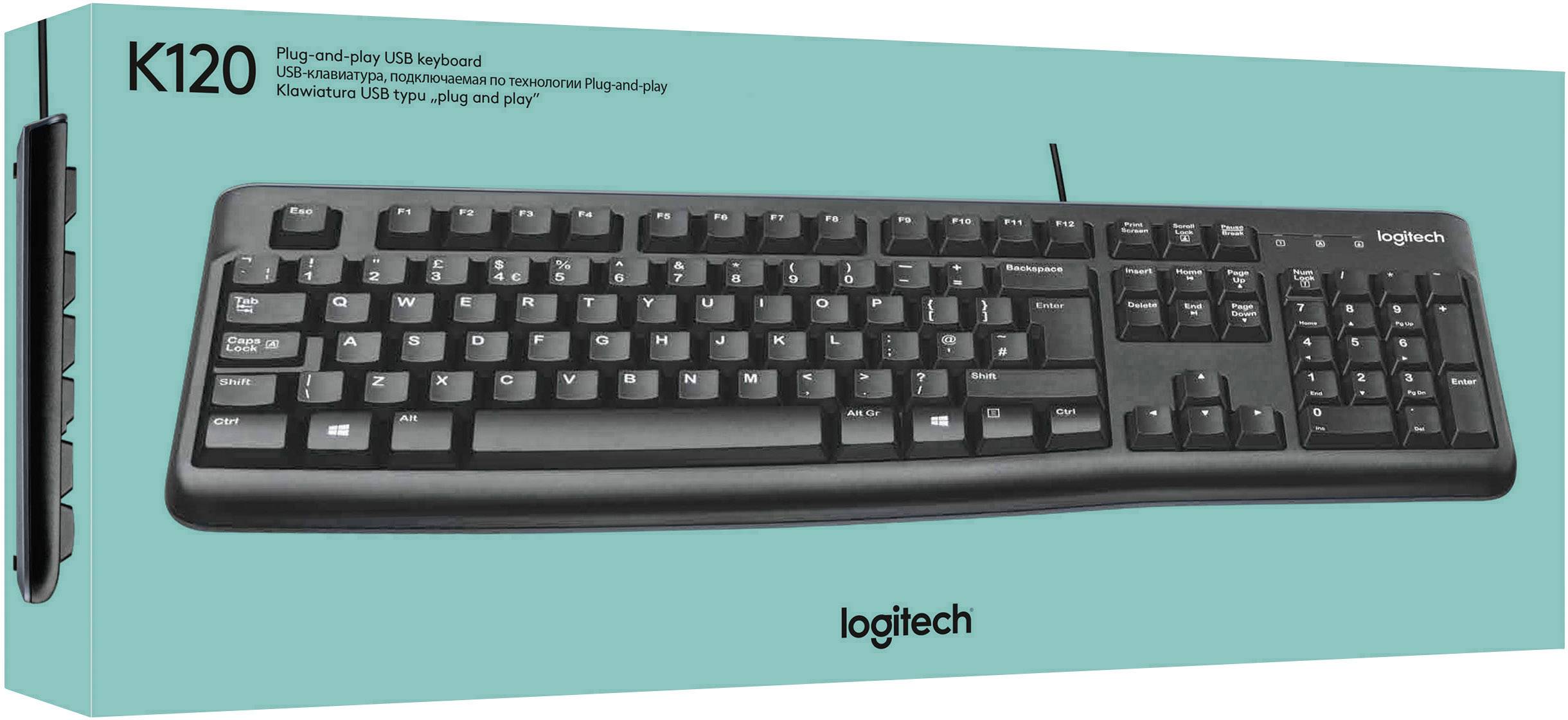 Toetsenbord Logitech K120<br><br>Een zwarte USB-toetsenbord met een strak design, aangeduid als 'Plug-and-Play'.