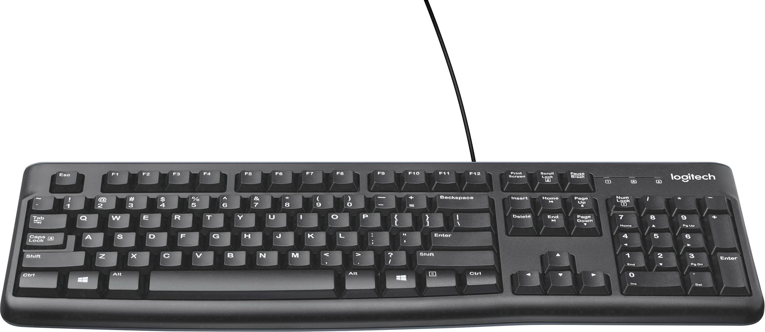'Zwarte bedrade toetsenbord met volledig toetsenbordindeling inclusief numeriek toetsenblok, pijltjestoetsen en functietoetsen. Merk: Logitech.'