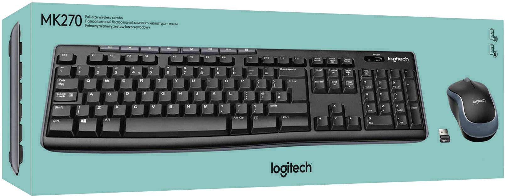 'Logitech MK270' draadloos toetsenbord en muis-set in originele verpakking, inclusief USB-ontvanger. Verpakking in turquoise en zwart.